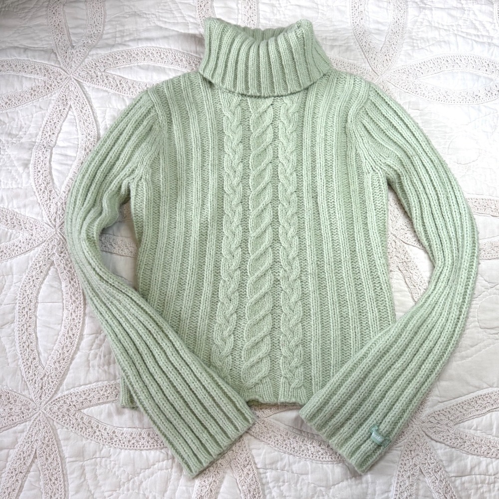 Y2K Wool Blend Aeropostale Cozy Turtleneck Sweater Mint Green Cable Knit Large